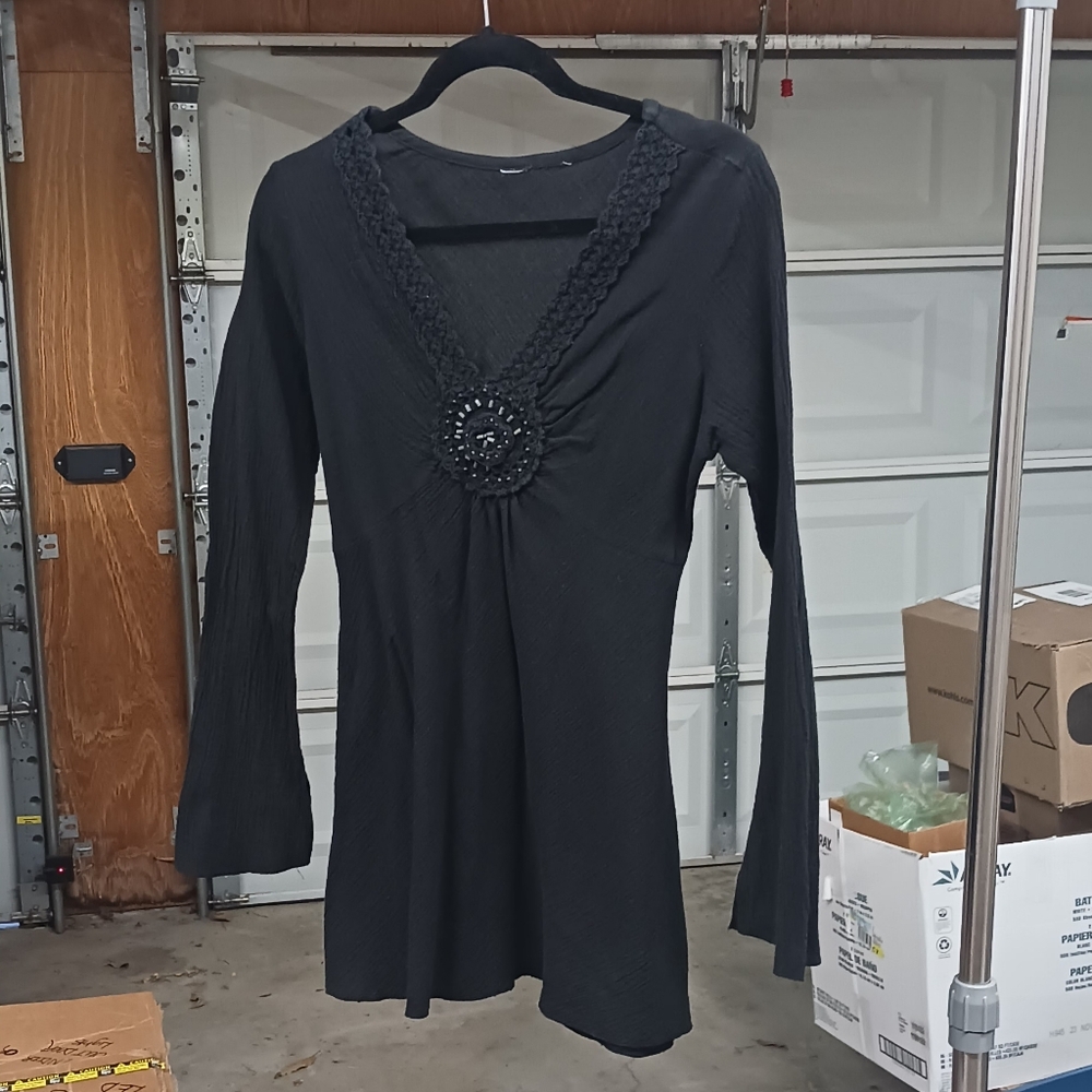 Black Long Sleeve Tunic with Crochet Detail